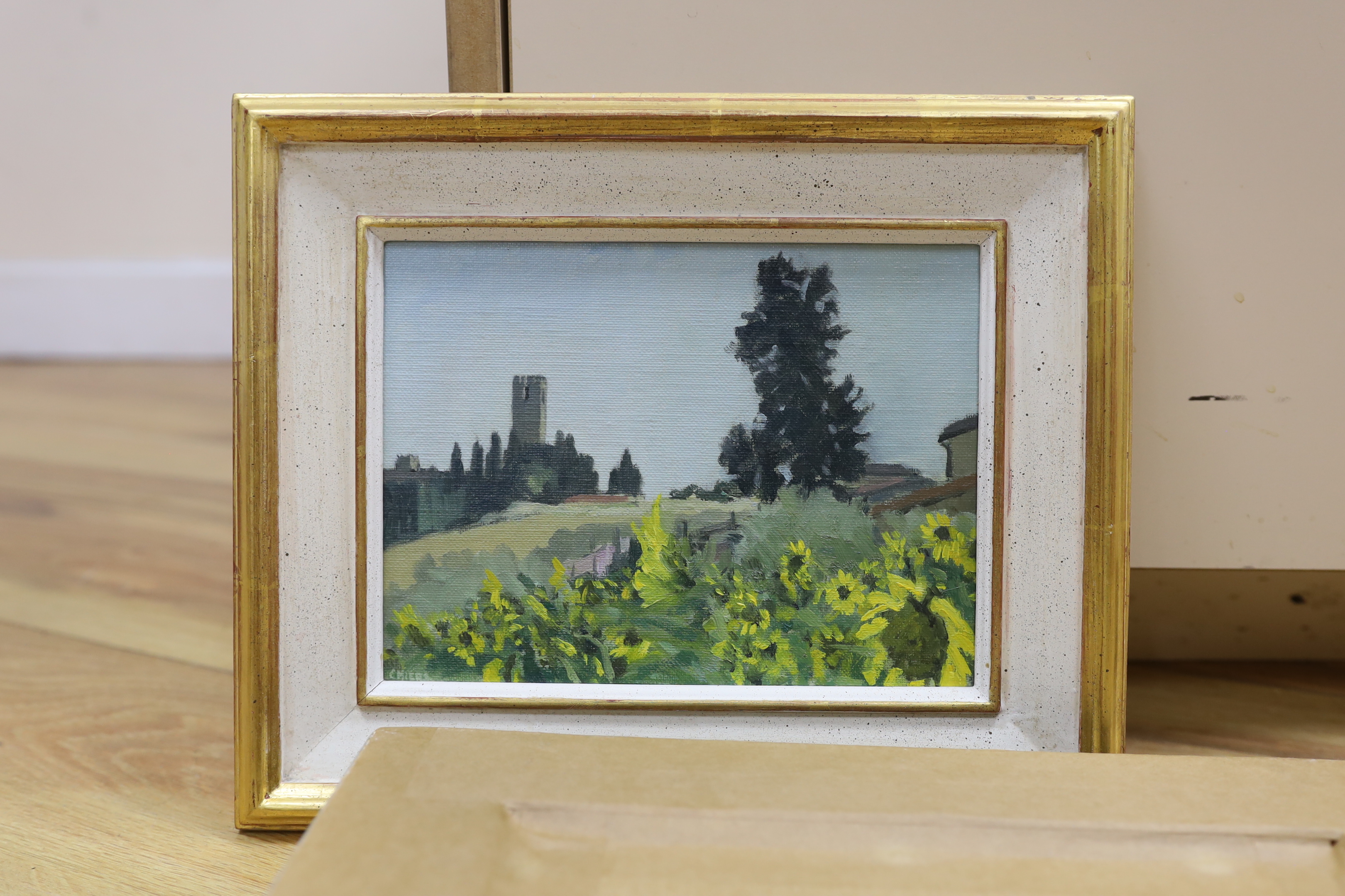 Christopher Miers RBA (b.1941), three oils on canvas board, Tuscan views and Windsor Castle, each signed, with details verso, largest 15 x 19cm